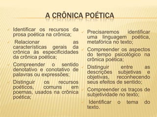 A CRÔNICA POÉTICA
   Identificar os recursos da        Precisaremos      identificar
    prosa poética na crônica;          uma linguagem poética,
    Relacionar               as       metafórica no texto;
    características gerais da         Compreender os aspectos
    crônica às especificidades         do tempo psicológico na
    da crônica poética;                crônica poética;
   Compreender o sentido             Distinguir     entre       as
    denotativo e conotativo de         descrições subjetivas e
    palavras ou expressões;            objetivas, reconhecendo
   Distinguir    os    recursos       seus efeitos de sentido;
    poéticos,     comuns     em       Compreender os traços de
    poemas, usados na crônica          subjetividade no texto;
    poética;
                                       Identificar o tema do
                                       texto.
 