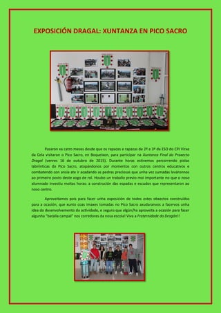 EXPOSICIÓN DRAGAL: XUNTANZA EN PICO SACRO
Pasaron xa catro meses desde que os rapaces e rapazas de 2º e 3º da ESO do CPI V...