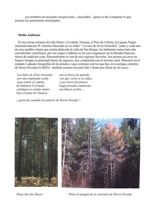 yos nombres no recuerdo con precisión. ¡ alucinaba! , quien se iba a imaginar lo que
traerían las autonomías municipales .
Medio Ambiente
En las tierras sorianas del alto Duero: Covaleda, Vinuesa, el Pico de Urbión, la Laguna Negra,
inmortalizada por D. Antonio Machado en su relato “ La casa de Alvar Gonzalez”, todos y cada uno
de esos pueblos tienen una ermita dedicada al culto de San Roque, los habitantes nunca han sido
considerados castellanos, por sus rasgos y hábitos se los cree originarios de la Bretaña francesa,
tierras de tradición celta. Personalmente es una de mis regiones favoritas. Sus pinares,en otros no
lejanos tiempos la principal fuente de ingresos, hoy compartida con el turismo rural. Maestros en el
cuidado ( adjunto fotografía) de los pinares y que contraste con los que hay en la antigua carretera
de Sierra Nevada-(A-4025)- tambien escaneo reciente foto ( frente por frente de mi casa).-
Los hijos de Alvar Gonzalez van en busca de ganado
por una empinada senda con que volver a su aldea
para tomar el camino y por tierra de pinares
de Salduero Covaleda larga jornada comienzan
cabalgan en sendas mulas van Duero arriba.....
bajo el pinar de Vinuesa
¿ quien ha cantado los pinares de Sierra Nevada ?
Pinar del alto Duero Pinar al margen de la carretera de Sierra Nevada
 