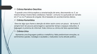  Crônica Narrativo-Descritiva 
É quando uma crônica explora a caracterização de seres, descrevendo-os. E, ao 
mesmo tempo mostra fatos cotidianos ("banais", comuns) no qual pode ser narrado 
em 1ª ou na 3ª pessoa do singular. Ela é baseada em acontecimentos diários. 
 Crônica Humorística 
Deve ter algo que chame a atenção do leitor assim como um pouco de humor. É 
sempre bom ter poucos personagens e apresentar tempo e espaços reduzidos. A 
linguagem é próxima do informal. Visão irônica ou cômica de fatos apresentados 
 Crônica Lírica 
Apresenta uma linguagem poética e metafórica. Nela predominam emoções, os 
sentimentos (paixão, nostalgia e saudades ), traduzidos numa atitude poética. 
 