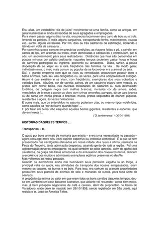 Era, aliás, um verdadeiro “dia de juízo” movimentar-se uma família, como as antigas, em
geral numerosas e ainda acrescidas de seus agregados e empregados.
Para virem passar alguns dias na vila, era preciso locomover-se o carro de bois ou o trole,
levando os patrões. E mais alguns cargueiros, transportando lenha, mantimentos, roupas
etc.. Junto, alguns cavaleiros. Por fim, dois ou três cachorros de estimação, correndo e
latindo em volta da caravana ...
Por caminhos quase sempre em precárias condições, as viagens feitas a pé, a cavalo, em
carros de boi, em aranhas ou troles, eram demoradas e cansativas e constituíam, por si
sós, um acontecimento para seus realizadores. Distâncias que hoje são percorridas em
poucos minutos por asfalto deslizante, naqueles tempos poderiam gastar horas e horas
de caminho pedregoso ou íngreme, poeirento ou lamacento. Disso, talvez, a pouca
disposição de se viajar ou a rara freqüência das famílias na vila. De modo geral,
individualmente, o meio mais comum ou popular de se locomover era o animal de sela.
Daí, o grande empenho com que os ricos ou remediados procuravam possuir bons e
belos animais, para seu uso obrigatório ou, às vezes, para uma compreensível exibição.
Assim é que existiam e se viam, com freqüência, exemplares dos mais soberbos e
variados tipos. Alazões, cor de canela; zainos, de um castanho-escuro sem mescla, ou
pretos sem brilho; baios, nas diversas tonalidades do castanho ou ouro desmaiado;
tordilhos, de pelagem negra com malhas brancas; murzelos cor de amora; ruões,
mesclados de branco e pardo ou claro com crinas amarelas; pampas, só de cara branca
ou de corpo em zonas pretas e brancas; muros, pretos salpicados de branco; piquiras,
resistentes e ágeis, às vezes boleadores.
E ouros mais, que os entendidos no assunto poderiam citar, ou mesmo tipos indefinidos,
como aqueles da “cor de burro quando foge” ...
E por falar em burro, não esquecer aquelas bestas gigantes, resistentes e espertas, que
davam inveja !...
                                                        (“O Jambeirense” – 30/04/1986)

HISTÓRIAS DAQUELES TEMPOS ...

Transportes - II -

O gosto por bons animais de montaria que existia – e era uma necessidade no passado –
agora ressurge entre nós, com espírito esportivo ou interesse comercial. É o que se tem
presenciado nas cavalgadas efetuadas em nossa cidade, das quais a última, realizada na
Festa do Tropeiro, tanta admiração despertou, atraindo gente de toda a região. Foi uma
apresentação deveras empolgante, na qual também se pôde apreciar, além do garbo dos
cavaleiros, da graça das belas amazonas e do entusiasmo dos cavaleiros-mirins, também
a excelência dos muitos e admiráveis exemplares eqüinos presentes no desfile.
Mas voltemos ao nosso passado.
Quando os automóveis ainda mal buzinavam seus primeiros vagidos lá ao longe, a
principal valia ou ajuda, nas atividades de transporte dos nossos antepassados, eram
mesmo os cavalos, os burros e os bois. Para isso, era comum as grandes propriedades
possuírem seus plantéis de animais de sela e manadas de outros, para toda sorte de
serviços.
A propósito da estima ou valor em que eram tidos os bons cavalos daqueles tempos, deu-
se em Jambeiro um caso bastante ilustrativo, que adiante vai resumido : ainda bem moço,
mas já bem próspero negociante de café e cereais, além de proprietário no bairro do
Varadouro, onde deve ter nascido (em 26/10/1858, sendo registrado em São José), aqui
residia o sr. José de Almeida Telles.
 
