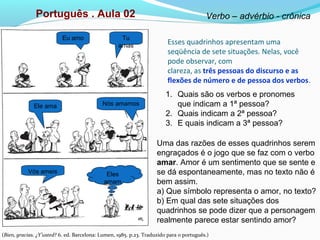 Esses quadrinhos apresentam uma
seqüência de sete situações. Nelas, você
pode observar, com
clareza, as três pessoas do discurso e as
flexões de número e de pessoa dos verbos.
(Bien, gracias. ¿Y’usted? 6. ed. Barcelona: Lumen, 1985. p.23. Traduzido para o português.)
Português . Aula 02 Verbo – advérbio - crônica
Eu amo Tu
amas
Ele ama Nós amamos
Vós ameis Eles
amam
1. Quais são os verbos e pronomes
que indicam a 1ª pessoa?
2. Quais indicam a 2ª pessoa?
3. E quais indicam a 3ª pessoa?
Uma das razões de esses quadrinhos serem
engraçados é o jogo que se faz com o verbo
amar. Amor é um sentimento que se sente e
se dá espontaneamente, mas no texto não é
bem assim.
a) Que símbolo representa o amor, no texto?
b) Em qual das sete situações dos
quadrinhos se pode dizer que a personagem
realmente parece estar sentindo amor?
 