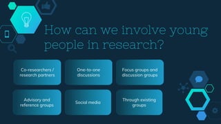How can we involve young
people in research?
◇University Research User Groups
◇Research Consortium Stakeholder Groups e.g....