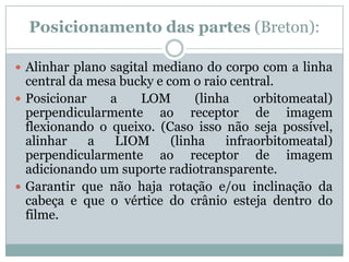 Posicionamento das partes (Breton):
 Alinhar plano sagital mediano do corpo com a linha
central da mesa bucky e com o raio central.
 Posicionar a LOM (linha orbitomeatal)
perpendicularmente ao receptor de imagem
flexionando o queixo. (Caso isso não seja possível,
alinhar a LIOM (linha infraorbitomeatal)
perpendicularmente ao receptor de imagem
adicionando um suporte radiotransparente.
 Garantir que não haja rotação e/ou inclinação da
cabeça e que o vértice do crânio esteja dentro do
filme.
 