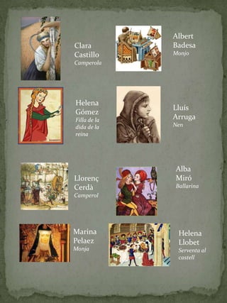 Clara
Castillo
Camperola
Helena
Gómez
Filla de la
dida de la
reina
Llorenç
Cerdà
Camperol
Albert
Badesa
Monjo
Marina
Pelaez
Monja
Lluís
Arruga
Nen
Alba
Miró
Ballarina
Helena
Llobet
Serventa al
castell
 