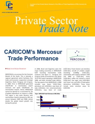 A product of the Private Sector Outreach of the Office of Trade Negotiations (OTN), formerly the
+                                       CRNM




                 Private Sector
                      Trade Note
CARICOM’s Mercosur
 Trade Performance
      MERCOSUR TRADE OVERVIEW                   In 2008, Brazil and Argentina were the           (US$7.2bn), frozen bovine cuts boneless
                                                major trading economies in MERCOSUR              (US$5.5bn), aircraft of unladen weight
                                                both recording merchandise trade                 exceeding      15,000kg      (US$5.2bn),
    MERCOSUR is an acronym for the Common       surpluses (see figure 1). Paraguay and           automobiles with engines between 1500
    Market of the South. This is basically a    Uruguay jointly accounted for only about         and 3000 cc (US$5.2bn), maize
    regional agreement which facilitates free   7% of the import spending in MERCOSUR            (US$4.9bn), coffee not roasted or decaf
    trade and economic cooperation amongst      2008, and both recorded trade deficits.          (US$4.1bn), raw sugar cane (US$3.8bn)
    Argentina, Brazil, Paraguay and Uruguay.    The top exports from MERCOSUR in 2008            and frozen cuts and offal of fowls‐gallus
    In 2008, firms in MERCOSUR generated        included soya beans (US$17.3bn),                 domesticus (US$3.8bn). These areas
    US$278.3bn in merchandise export            petroleum oils (US$15bn), soya bean oil          include some sensitive areas for
    revenues and spent US$248.5bn on            cake (US$12bn), iron ores/concentrates           CARICOM.
    merchandise imports. Hence, MERCOSUR        (US$11bn), soya bean oil crude
    cannot be ignored as it accounted for 2%
    of global expenditure on imports in 2008.
    This region is also quite dynamic with
    merchandise imports growing by 28% per
    annum between 2004 and 2008; almost
    double the global import growth rate
    during this period.




                                                           www.crnm.org
 