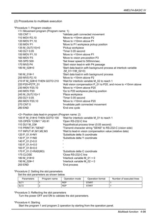 4MELFA-BASIC IV
Multitask function 4-98
(2) Procedures to multitask execution
*Procedure 1: Program creation
<1> Movement program (Program name: 1)
100 CNT 1 'Validate path connected movement
110 MOV P2,10 'Move to +10mm above P2
120 MOV P1,10 'Move to +10mm above P1
130 MOV P1 'Move to P1 workpiece pickup position
135 M_OUT(10)=0 'Pickup workpiece
140 DLY 0.05 'Timer 0.05 second
150 MOV P1,10 'Move to +10mm above P1
160 MOV P3 'Move to vision pre-position P3
165 SPD 500 'Set linear speed to 500mm/sec.
170 MVS P4 'Start vision lead-in with P4 passage
180 M_02#=0 'Start data lead-in with background process at interlock variable
(M_01=1/M_02=0)
190 M_01#=1 'Start data load-in with background process
200 MVS P2,10 'Move to +10mm above P2
210 IF M_02#=0 THEN GOTO 210 'Wait for interlock variable M_02 to reach 1
220 P20=P2*P_01 'Add vision compensation P_01 to P20, and move to +10mm above
230 MOV P20,10 'Move to +10mm above P20
240 MOV P20 'Go to P20 workpiece placing position
245 M_OUT(10)=1 'Place workpiece
250 DLY 0.05 'Timer 0.05 second
260 MOV P20,10 'Move to +10mm above P20
270 CNT 0 'Invalidate path connected movement
280 END 'End one cycle
<2> Position data lead-in program (Program name: 2)
100 IF M_01#=0 THEN GOTO 100 'Wait for interlock variable M_01 to reach 1
105 OPEN "COM1:" AS #1 'Open RS-232-C line
110 DLY M_03# 'Hypothetical process timer (0.05 second)
115 PRINT #1,"SENS" 'Transmit character string "SENS" to RS-232-C (vision side)
117 INPUT #1,M1,M2,M3 'Wait to lead-in vision compensation value (relative data)
120 P_01.X=M1 'Substitute delta X coordinate
130 P_01.Y=M2 'Substitute delta Y coordinate
140 P_01.Z=0.0 '
150 P_01.A=0.0 '
160 P_01.B=0.0 '
170 P_01.C=RAD(M3) 'Substitute delta C coordinate
175 CLOSE 'Close RS-232-C line
180 M_01#=0 'Interlock variable M_01 = 0
190 M_02#=1 'Interlock variable M_02 = 0
200 END 'End process
*Procedure 2: Setting the slot parameters
Set the slot parameters as shown below.
*Procedure 3: Reflecting the slot parameters
Turn the power OFF and ON to validate the slot parameters.
*Procedure 4: Starting
Start the program 1 and program 2 operation by starting from the operation panel.
Parameters Program name Operation mode Operation format Number of executed lines
SLT1 1 REP START 1
SLT2 2 REP START 1
 