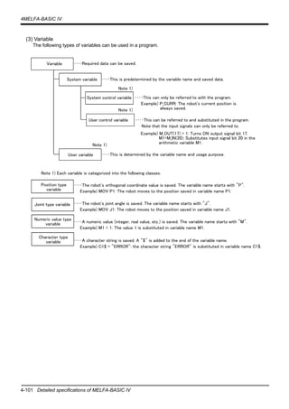 4-101 Detailed specifications of MELFA-BASIC IV
4MELFA-BASIC IV
(3) Variable
The following types of variables can be used in a program.
Variable
System variable
System control variable
User control variable
User variable
Position type
variable
････Required data can be saved.
････This is predetermined by the variable name and saved data.
････This is determined by the variable name and usage purpose.
････The robot's orthogonal coordinate value is saved. The variable name starts with "P".
　　Example) MOV P1: The robot moves to the position saved in variable name P1.
････The robot's joint angle is saved. The variable name starts with "J".
　　Example) MOV J1: The robot moves to the position saved in variable name J1.
････A numeric value (integer, real value, etc.) is saved. The variable name starts with "M".
　　Example) M1 = 1: The value 1 is substituted in variable name M1.
････A character string is saved. A "$" is added to the end of the variable name.
　　Example) C1$ = "ERROR": the character string "ERROR" is substituted in variable name C1$.
Note 1) Each variable is categorized into the following classes.
････This can only be referred to with the program.
　　Example) P_CURR: The robot's current position is
always saved.
････This can be referred to and substituted in the program.
　　Note that the input signals can only be referred to.
Example) M_OUT(17) = 1: Turns ON output signal bit 17.
M1=M_IN(20): Substitutes input signal bit 20 in the
arithmetic variable M1.
Note 1)
Note 1)
Note 1)
Joint type variable
Numeric value type
variable
Character type
variable
 
