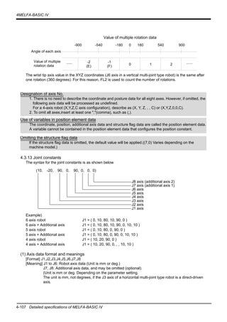 4-107 Detailed specifications of MELFA-BASIC IV
4MELFA-BASIC IV
The wrist tip axis value in the XYZ coordinates (J6 axis in a vertical multi-joint type robot) is the same after
one rotation (360 degrees). For this reason, FL2 is used to count the number of rotations.
4.3.13 Joint constants
The syntax for the joint constants is as shown below
Example)
6 axis robot J1 = ( 0, 10, 80, 10, 90, 0 )
6 axis + Additional axis J1 = ( 0, 10, 80, 10, 90, 0, 10, 10 )
5 axis robot J1 = ( 0, 10, 80, 0, 90, 0 )
5 axis + Additional axis J1 = ( 0, 10, 80, 0, 90, 0, 10, 10 )
4 axis robot J1 = ( 10, 20, 90, 0 )
4 axis + Additional axis J1 = ( 10, 20, 90, 0, , , 10, 10 )
(1) Axis data format and meanings
[Format] J1,J2,J3,J4,J5,J6,J7,J8
[Meaning] J1 to J6: Robot axis data (Unit is mm or deg.)
J7, J8: Additional axis data, and may be omitted (optional).
(Unit is mm or deg. Depending on the parameter setting.
The unit is mm, not degrees, if the J3 axis of a horizontal multi-joint type robot is a direct-driven
axis.
-900 -540 -180 0 180 540 900
...... -2
(E)
-1
(F)
0 1 2
Value of multiple
rotation data
Angle of each axis
Value of multiple rotation data
......
Designation of axis No.
1. There is no need to describe the coordinate and posture data for all eight axes. However, if omitted, the
following axis data will be processed as undefined.
For a 4-axis robot (X,Y,Z,C axis configuration), describe as (X, Y, Z, , , C) or (X,Y,Z,0,0,C).
2. To omit all axes,insert at least one ","(comma), such as (,).
Use of variables in position element data
The coordinate, position, additional axis data and structure flag data are called the position element data.
A variable cannot be contained in the position element data that configures the position constant.
Omitting the structure flag data
If the structure flag data is omitted, the default value will be applied.((7,0) Varies depending on the
machine model.)
(10, -20, 90, 0, 90, 0, 0, 0)
J8 axis (additional axis 2)
J7 axis (additional axis 1)
J6 axis
J5 axis
J3 axis
J2 axis
J1 axis
J4 axis
 