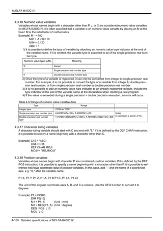 4-109 Detailed specifications of MELFA-BASIC IV
4MELFA-BASIC IV
4.3.16 Numeric value variables
Variables whose names begin with a character other than P, J, or C are considered numeric value variables.
In MELFA-BASIC IV, it is often specified that a variable is an numeric value variable by placing an M at the
head. M is the initial letter of mathematics.
Example) M1 = 100
M2! = -1.73E+10
M3# = 0.123
ABC = 1
1) It is possible to define the type of variable by attaching an numeric value type indicator at the end of
the variable name. If it is omitted, the variable type is assumed to be of the single-precision real num-
ber type.
2) Once the type of a variable is registered, it can only be converted from integer to single-precision real
number. For example, it is not possible to convert the type of a variable from integer to double-preci-
sion real number, or from single-precision real number to double-precision real number.
3) It is not possible to add an numeric value type indicator to an already registered variable. Include the
type indicator at the end of the variable name at the declaration when creating a new program.
4) If the value is exceeded during a single precision = double precision execution, an error will occur.
Table 4-5:Range of numeric value variable data
4.3.17 Character string variables
A character string variable should start with C and end with "$." If it is defined by the DEF CHAR instruction,
it is possible to specify a name beginning with a character other than C.
Example) C1$ = "ABC"
CS$ = C1$
DEF CHAR MOJI
MOJI = "MOJIMOJI"
4.3.18 Position variables
Variables whose names begin with character P are considered position variables. If it is defined by the DEF
POS instruction, it is possible to specify a name beginning with a character other than P. It is possible to ref-
erence individual coordinate data of position variables. In this case, add "." and the name of a coordinate
axis, e.g. "X," after the variable name.
P1.X, P1.Y, P1.Z, P1.A, P1.B P1.C, P1.L1, P1.L2
The unit of the angular coordinate axes A, B, and C is radians. Use the DEG function to convert it to
degrees.
Example) P1 = PORG
DIM P3(10)
M1 = P1. X (Unit : mm)
M2 = DEG(P1. A) (Unit : degree)
DEG POS L10
MOV L10
Numeric value type suffix Meaning
% Integer
! Single-precsion real number type
# Double-precsion real number type
Type Range
Integer type -32768 to 32767
Single-precision real number type -3.40282347e+38 to 3.40282347e+38 Note)
E expresses a power of 10.
Double-precision real number
type
-1.7976931348623157e+308 to 1.7976931348623157e+308
 