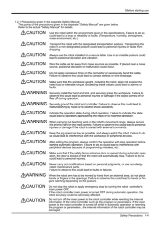 1Before starting use
Safety Precautions 1-4
1.2.1 Precautions given in the separate Safety Manual
The points of the precautions given in the separate "Safety Manual" are given below.
Refer to the actual "Safety Manual" for details.
Use the robot within the environment given in the specifications. Failure to do so
could lead to a drop or reliability or faults. (Temperature, humidity, atmosphere,
noise environment, etc.)
Transport the robot with the designated transportation posture. Transporting the
robot in a non-designated posture could lead to personal injuries or faults from
dropping.
Always use the robot installed on a secure table. Use in an instable posture could
lead to positional deviation and vibration.
Wire the cable as far away from noise sources as possible. If placed near a noise
source, positional deviation or malfunction could occur.
Do not apply excessive force on the connector or excessively bend the cable.
Failure to observe this could lead to contact defects or wire breakage.
Make sure that the workpiece weight, including the hand, does not exceed the
rated load or tolerable torque. Exceeding these values could lead to alarms or
faults.
Securely install the hand and tool, and securely grasp the workpiece. Failure to
observe this could lead to personal injuries or damage if the object comes off or
flies off during operation.
Securely ground the robot and controller. Failure to observe this could lead to
malfunctioning by noise or to electric shock accidents.
Indicate the operation state during robot operation. Failure to indicate the state
could lead to operators approaching the robot or to incorrect operation.
When carrying out teaching work in the robot's movement range, always secure
the priority right for the robot control. Failure to observe this could lead to personal
injuries or damage if the robot is started with external commands.
Keep the jog speed as low as possible, and always watch the robot. Failure to do
so could lead to interference with the workpiece or peripheral devices.
After editing the program, always confirm the operation with step operation before
starting automatic operation. Failure to do so could lead to interference with
peripheral devices because of programming mistakes, etc.
Make sure that if the safety fence entrance door is opened during automatic oper-
ation, the door is locked or that the robot will automatically stop. Failure to do so
could lead to personal injuries.
Never carry out modifications based on personal judgments, or use non-desig-
nated maintenance parts.
Failure to observe this could lead to faults or failures.
When the robot arm has to be moved by hand from an external area, do not place
hands or fingers in the openings. Failure to observe this could lead to hands or fin-
gers catching depending on the posture.
Do not stop the robot or apply emergency stop by turning the robot controller's
main power OFF.
If the robot controller main power is turned OFF during automatic operation, the
robot accuracy could be adversely affected.
Do not turn off the main power to the robot controller while rewriting the internal
information of the robot controller such as the program or parameters. If the main
power to the robot controller is turned off while in automatic operation or rewriting
the program or parameters , the internal information of the robot controller may be
damaged.
CAUTION
CAUTION
CAUTION
CAUTION
CAUTION
CAUTION
WARNING
WARNING
CAUTION
WARNING
CAUTION
CAUTION
CAUTION
CAUTION
WARNING
CAUTION
CAUTION
 