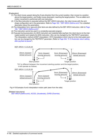 4-195 Detailed explanation of command words
4MELFA-BASIC IV
[Explanation]
(1) The robot moves upward along the Z-axis direction from the current position, then moves to a position
above the target position, and finally moves downward, reaching the target position. This so-called arch
motion movement is performed with one instruction.
(2) If the Mva instruction is executed without the DEF ARCH instruction, the robot moves with the arch
shape configuration set in the parameters. Refer to Page 160, " DEF ARCH (Define arch)" for a detailed
description about the parameters.
(3) The interpolation form, type and other items are also defined by the DEF ARCH instruction; refer to Page
160, " DEF ARCH (Define arch)".
(4) This instruction cannot be used in a constantly executed program.
(5) If paused during execution of a MVA instruction and restarted after jog feed, the robot returns to the inter-
rupted position and restarts the MVA instruction. (this can be changed by the "RETPATH" parameter).
The interpolation method (JOINT interpolation / XYZ interpolation) which returns to the interrupted posi-
tion can be changed by the "RETPATH" parameter. (Refer to Page 344, "5.10 Automatic return setting
after jog feed at pause")
Fig.4-10:Example of arch interpolation motion path (seen from the side)
[Related instructions]
DEF ARCH (Define arch), ACCEL (Accelerate), OVRD (Override)
DEF ARCH 1,5,5,20,20
5mm (Upward
moving amount)
5mm (Downward
moving amount)
20mm (Upward
retreat amount)
20mm (Downward
retreat amount)
Target positionStart position
DEF ARCH 1,5,5,20,20
*If Z is different between the movement starting position and the target position,
it will operate as follows:
Start position
Target position
20mm (Upward
retreat amount)
5mm (Upward
moving amount)
5mm (Downward
moving amount)
20mm (Downward
retreat amount)
 