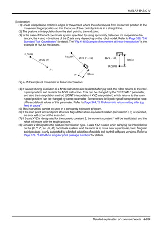 4MELFA-BASIC IV
Detailed explanation of command words 4-204
[Explanation]
(1) Linear interpolation motion is a type of movement where the robot moves from its current position to the
movement target position so that the locus of the control points is in a straight line.
(2) The posture is interpolation from the start point to the end point.
(3) In the case of the tool coordinate system specified by using <proximity distance> or <separation dis-
tance>, the + and - directions of the Z axis vary depending on the robot model. Refer to Page 338, "5.6
Standard Tool Coordinates" for detail. The "Fig.4-15:Example of movement at linear interpolation" is the
example of RV-1A movement.
Fig.4-15:Example of movement at linear interpolation
(4) If paused during execution of a MVS instruction and restarted after jog feed, the robot returns to the inter-
rupted position and restarts the MVS instruction. This can be changed by the "RETPATH" parameter,
and also the interpolation method (JOINT interpolation / XYZ interpolation) which returns to the inter-
rupted position can be changed by same parameter. Some robots for liquid crystal transportation have
different default values of this parameter. Refer to Page 344, "5.10 Automatic return setting after jog
feed at pause".
(5) This instruction cannot be used in a constantly executed program.
(6) If the start point and end point structure flags differ when equivalent rotation (constant 2 = 0) is specified,
an error will occur at the execution.
(7) If 3-axis XYZ is designated for the numeric constant 2, the numeric constant 1 will be invalidated, and the
robot will move with the taught posture.
(8) Constant 2 designates the posture interpolation type. 3-axis XYZ is used when carrying out interpolation
on the (X, Y, Z, J4, J5, J6) coordinate system, and the robot is to move near a particular point. Singular
point passage is only supported by a limited selection of models and control software versions. Refer to
Page 376, "5.20 About singular point passage function" for details.
ＭＶＳ Ｐ１
Ｐ１
P_CURR
P_CURR
Ｐ１
MVS P1,-100
100mm
P_CURR
MVS ,-100
100mm
 