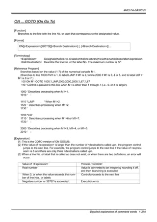 4MELFA-BASIC IV
Detailed explanation of command words 4-210
ON ... GOTO (On Go To)
[Function]
Branches to the line with the line No. or label that corresponds to the designated value.
[Format]
[Terminology]
<Expression> DesignatethelineNo.orlabelonthelinetobranchtowithanumericoperationexpression.
<Call Destination> Describe the line No. or the label No. The maximum number is 32.
[Reference Program]
Branches based on the value (1-7) of the numerical variable M1.
(Branches to line 1000 if M1 is 1, to label LJMP if M1 is 2, to line 2000 if M1 is 3, 4 or 5, and to label L67 if
M1 is 6 or 7.)
100 ON M1 GOTO 1000,*LJMP,2000,2000,2000,*L67,*L67
110 ' Control is passed to this line when M1 is other than 1 through 7 (i.e., 0, or 8 or larger).
1000 ' Describes processing when M1=1.
1010 ' :
1110 *LJMP ' When M1=2.
1120 ' Describes processing when M1=2.
1130 ' :
1700 *L67
1710 ' Describes processing when M1=6 or M1=7.
1720 ' :
2000 ' Describes processing when M1=3, M1=4, or M1=5.
2010 ' :
[Explanation]
(1) This is the GOTO version of ON GOSUB.
(2) If the value of <expression> is larger than the number of <destinations called up>, the program control
jumps to the next line. For example, the program control jumps to the next line if the value of <expres-
sion> is 5 and there are only three <destinations called up>.
(3) When a line No. or label that is called up does not exist, or when there are two definitions, an error will
occur.
ON[]<Expression>[]GOTO[][<Branch Destination>] [, [<Branch Destination>]] ...
Value of <Expression> Process <Control>
Real number Value is converted to an integer by rounding it off,
and then branching is executed.
When 0, or when the value exceeds the num-
ber of line Nos. or labels
Control proceeds to the next line
Negative number or 32767 is exceeded Execution error
 