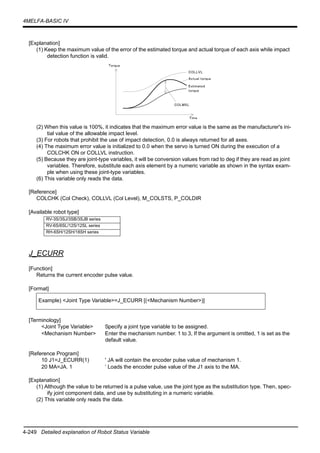 4-249 Detailed explanation of Robot Status Variable
4MELFA-BASIC IV
[Explanation]
(1) Keep the maximum value of the error of the estimated torque and actual torque of each axis while impact
detection function is valid.
(2) When this value is 100%, it indicates that the maximum error value is the same as the manufacturer's ini-
tial value of the allowable impact level.
(3) For robots that prohibit the use of impact detection, 0.0 is always returned for all axes.
(4) The maximum error value is initialized to 0.0 when the servo is turned ON during the execution of a
COLCHK ON or COLLVL instruction.
(5) Because they are joint-type variables, it will be conversion values from rad to deg if they are read as joint
variables. Therefore, substitute each axis element by a numeric variable as shown in the syntax exam-
ple when using these joint-type variables.
(6) This variable only reads the data.
[Reference]
COLCHK (Col Check), COLLVL (Col Level), M_COLSTS, P_COLDIR
[Available robot type]
J_ECURR
[Function]
Returns the current encoder pulse value.
[Format]
[Terminology]
<Joint Type Variable> Specify a joint type variable to be assigned.
<Mechanism Number> Enter the mechanism number. 1 to 3, If the argument is omitted, 1 is set as the
default value.
[Reference Program]
10 J1=J_ECURR(1) ' JA will contain the encoder pulse value of mechanism 1.
20 MA=JA. 1 ’ Loads the encoder pulse value of the J1 axis to the MA.
[Explanation]
(1) Although the value to be returned is a pulse value, use the joint type as the substitution type. Then, spec-
ify joint component data, and use by substituting in a numeric variable.
(2) This variable only reads the data.
RV-3S/3SJ/3SB/3SJB series
RV-6S/6SL/12S/12SL series
RH-6SH/12SH/18SH series
Example) <Joint Type Variable>=J_ECURR [(<Mechanism Number>)]
Estimated
torque
Actual torque
COLMXL
COLLVL
Torque
Time
 