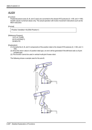 4-287 Detailed Explanation of Functions
4MELFA-BASIC IV
ALIGN
[Function]
Positional posture axes (A, B, and C axes) are converted to the closest XYZ postures (0, +/-90, and +/-180).
ALIGN outputs numerical values only. The actual operation will involve movement instructions such as the
MOV instruction.
[Format]
[Reference Program]
10 P1=P_CURR
20 P2=ALIGN(P1)
30 MOV P2
[Explanation]
(1) Converts the A, B, and C components of the position data to the closest XYZ postures (0, +/-90, and +/-
180).
(2) Since the return value is of position data type, an error will be generated if the left-hand side is of joint
variable type.
(3) This function cannot be used in vertical multi-joint 5-axes robot.
The following shows a sample case for the axis B.
<Position Variables>=ALIGN(<Position>)
 