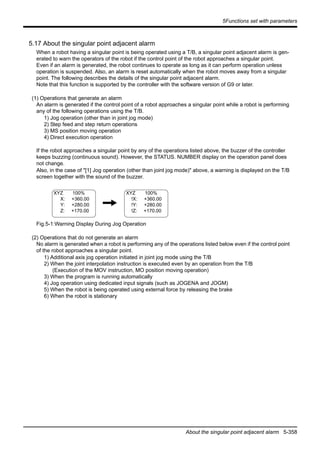 5Functions set with parameters
About the singular point adjacent alarm 5-358
5.17 About the singular point adjacent alarm
When a robot having a singular point is being operated using a T/B, a singular point adjacent alarm is gen-
erated to warn the operators of the robot if the control point of the robot approaches a singular point.
Even if an alarm is generated, the robot continues to operate as long as it can perform operation unless
operation is suspended. Also, an alarm is reset automatically when the robot moves away from a singular
point. The following describes the details of the singular point adjacent alarm.
Note that this function is supported by the controller with the software version of G9 or later.
(1) Operations that generate an alarm
An alarm is generated if the control point of a robot approaches a singular point while a robot is performing
any of the following operations using the T/B.
1) Jog operation (other than in joint jog mode)
2) Step feed and step return operations
3) MS position moving operation
4) Direct execution operation
If the robot approaches a singular point by any of the operations listed above, the buzzer of the controller
keeps buzzing (continuous sound). However, the STATUS. NUMBER display on the operation panel does
not change.
Also, in the case of "[1] Jog operation (other than joint jog mode)" above, a warning is displayed on the T/B
screen together with the sound of the buzzer.
Fig.5-1:Warning Display During Jog Operation
(2) Operations that do not generate an alarm
No alarm is generated when a robot is performing any of the operations listed below even if the control point
of the robot approaches a singular point.
1) Additional axis jog operation initiated in joint jog mode using the T/B
2) When the joint interpolation instruction is executed even by an operation from the T/B
(Execution of the MOV instruction, MO position moving operation)
3) When the program is running automatically
4) Jog operation using dedicated input signals (such as JOGENA and JOGM)
5) When the robot is being operated using external force by releasing the brake
6) When the robot is stationary
XYZ 100%
X: +360.00
Y: +280.00
Z: +170.00
XYZ 100%
!X: +360.00
!Y: +280.00
!Z: +170.00
 
