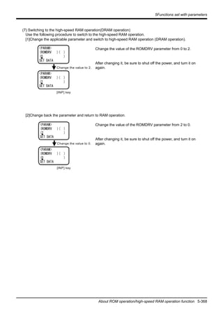 5Functions set with parameters
About ROM operation/high-speed RAM operation function 5-368
(7) Switching to the high-speed RAM operation(DRAM operation)
Use the following procedure to switch to the high-speed RAM operation.
[1]Change the applicable parameter and switch to high-speed RAM operation (DRAM operation).
Change the value of the ROMDRV parameter from 0 to 2.
After changing it, be sure to shut off the power, and turn it on
again.
[2]Change back the parameter and return to RAM operation.
Change the value of the ROMDRV parameter from 2 to 0.
After changing it, be sure to shut off the power, and turn it on
again.
<PARAM>
(ROMDRV )( )
(0 )
SET DATA
<PARAM>
(ROMDRV )( )
(2 )
SET DATA
Change the value to 2.
[INP] key
<PARAM>
(ROMDRV )( )
(2 )
SET DATA
<PARAM>
(ROMDRV )( )
(0 )
SET DATA
Change the value to 0.
[INP] key
 