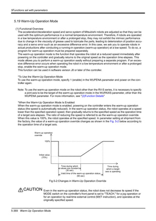 5-369 Warm-Up Operation Mode
5Functions set with parameters
5.19 Warm-Up Operation Mode
(1) Functional Overview
The acceleration/deceleration speed and servo system of Mitsubishi robots are adjusted so that they can be
used with the optimum performance in a normal temperature environment. Therefore, if robots are operated
in a low temperature environment or after a prolonged stop, they may not exhibit the intrinsic performance
due to change in the viscosity of grease used to lubricate the parts, leading to deterioration of position accu-
racy and a servo error such as an excessive difference error. In this case, we ask you to operate robots in
actual productions after conducting a running-in operation (warm-up operation) at a low speed. To do so, a
program for warm-up operation must be prepared separately.
The warm-up operation mode is the function that operates the robot at a reduced speed immediately after
powering on the controller and gradually returns to the original speed as the operation time elapses. This
mode allows you to perform a warm-up operation easily without preparing a separate program. If an exces-
sive difference error occurs when operating the robot in a low temperature environment or after a prolonged
stop, enable the warm-up operation mode.
This function can be used in software version J8 or later of the controller.
*To Use the Warm-Up Operation Mode
To use the warm-up operation mode, specify 1 (enable) in the WUPENA parameter and power on the con-
troller again.
Note: To use the warm-up operation mode on the robot other than the RV-S series, it is necessary to specify
a joint axis to be the target of the warm-up operation mode in the WUPAXIS parameter, other than the
WUPENA parameter. For more information, see "(2)Function Details"
*When the Warm-Up Operation Mode Is Enabled
When the warm-up operation mode is enabled, powering on the controller enters the warm-up operation
status (the speed is automatically reduced). In the warm-up operation status, the robot operates at a speed
lower than the specified operation speed, then gradually returns to the specified speed as the operation time
of a target axis elapses. The ratio of reducing the speed is referred to as the warm-up operation override.
When this value is 100%, the robot operates at the specified speed. In parameter setting at shipment from
the factory, the value of a warm-up operation override changes as shown in the Fig. 5-2 below according to
the operation time of a target axis.
Fig.5-2:Changes in Warm-Up Operation Override
Even in the warm-up operation status, the robot does not decrease its speed if the
MODE switch on the controller's front panel is set to "TEACH," for a jog operation or
for an operation by real-time external control (MXT instruction), and operates at the
originally specified speed.
100%
Time during which
values are constant
(30 sec)
Valid time of the warm-up operation status
(60 sec)
Warm-up operation
override
Time during
which a target
axis is operating
Initial value
(70%)
CAUTION
 