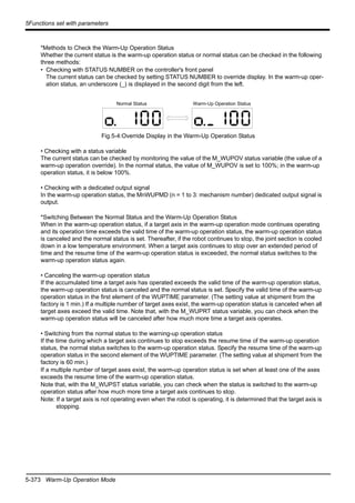 5-373 Warm-Up Operation Mode
5Functions set with parameters
*Methods to Check the Warm-Up Operation Status
Whether the current status is the warm-up operation status or normal status can be checked in the following
three methods:
• Checking with STATUS NUMBER on the controller's front panel
The current status can be checked by setting STATUS NUMBER to override display. In the warm-up oper-
ation status, an underscore (_) is displayed in the second digit from the left.
Fig.5-4:Override Display in the Warm-Up Operation Status
• Checking with a status variable
The current status can be checked by monitoring the value of the M_WUPOV status variable (the value of a
warm-up operation override). In the normal status, the value of M_WUPOV is set to 100%; in the warm-up
operation status, it is below 100%.
• Checking with a dedicated output signal
In the warm-up operation status, the MnWUPMD (n = 1 to 3: mechanism number) dedicated output signal is
output.
*Switching Between the Normal Status and the Warm-Up Operation Status
When in the warm-up operation status, if a target axis in the warm-up operation mode continues operating
and its operation time exceeds the valid time of the warm-up operation status, the warm-up operation status
is canceled and the normal status is set. Thereafter, if the robot continues to stop, the joint section is cooled
down in a low temperature environment. When a target axis continues to stop over an extended period of
time and the resume time of the warm-up operation status is exceeded, the normal status switches to the
warm-up operation status again.
• Canceling the warm-up operation status
If the accumulated time a target axis has operated exceeds the valid time of the warm-up operation status,
the warm-up operation status is canceled and the normal status is set. Specify the valid time of the warm-up
operation status in the first element of the WUPTIME parameter. (The setting value at shipment from the
factory is 1 min.) If a multiple number of target axes exist, the warm-up operation status is canceled when all
target axes exceed the valid time. Note that, with the M_WUPRT status variable, you can check when the
warm-up operation status will be canceled after how much more time a target axis operates.
• Switching from the normal status to the warning-up operation status
If the time during which a target axis continues to stop exceeds the resume time of the warm-up operation
status, the normal status switches to the warm-up operation status. Specify the resume time of the warm-up
operation status in the second element of the WUPTIME parameter. (The setting value at shipment from the
factory is 60 min.)
If a multiple number of target axes exist, the warm-up operation status is set when at least one of the axes
exceeds the resume time of the warm-up operation status.
Note that, with the M_WUPST status variable, you can check when the status is switched to the warm-up
operation status after how much more time a target axis continues to stop.
Note: If a target axis is not operating even when the robot is operating, it is determined that the target axis is
stopping.
Normal Status Warm-Up Operation Status
 