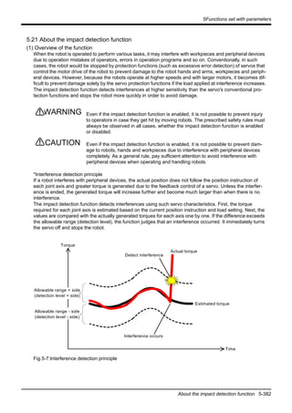 5Functions set with parameters
About the impact detection function 5-382
5.21 About the impact detection function
(1) Overview of the function
When the robot is operated to perform various tasks, it may interfere with workpieces and peripheral devices
due to operation mistakes of operators, errors in operation programs and so on. Conventionally, in such
cases, the robot would be stopped by protection functions (such as excessive error detection) of servos that
control the motor drive of the robot to prevent damage to the robot hands and arms, workpieces and periph-
eral devices. However, because the robots operate at higher speeds and with larger motors, it becomes dif-
ficult to prevent damage solely by the servo protection functions if the load applied at interference increases.
The impact detection function detects interferences at higher sensitivity than the servo's conventional pro-
tection functions and stops the robot more quickly in order to avoid damage.
Even if the impact detection function is enabled, it is not possible to prevent injury
to operators in case they get hit by moving robots. The prescribed safety rules must
always be observed in all cases, whether the impact detection function is enabled
or disabled.
Even if the impact detection function is enabled, it is not possible to prevent dam-
age to robots, hands and workpieces due to interference with peripheral devices
completely. As a general rule, pay sufficient attention to avoid interference with
peripheral devices when operating and handling robots.
*Interference detection principle
If a robot interferes with peripheral devices, the actual position does not follow the position instruction of
each joint axis and greater torque is generated due to the feedback control of a servo. Unless the interfer-
ence is ended, the generated torque will increase further and become much larger than when there is no
interference.
The impact detection function detects interferences using such servo characteristics. First, the torque
required for each joint axis is estimated based on the current position instruction and load setting. Next, the
values are compared with the actually generated torques for each axis one by one. If the difference exceeds
the allowable range (detection level), the function judges that an interference occurred. It immediately turns
the servo off and stops the robot.
Fig.5-7:Interference detection principle
WARNING
CAUTION
Estimated torque
Actual torque
Torque
Time
Detect interference
Interference occurs
Allowable range + side
(detection level + side)
Allowable range - side
(detection level - side)
 
