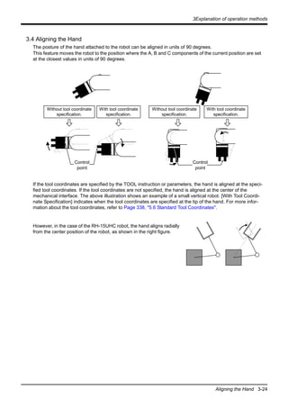 3Explanation of operation methods
Aligning the Hand 3-24
3.4 Aligning the Hand
The posture of the hand attached to the robot can be aligned in units of 90 degrees.
This feature moves the robot to the position where the A, B and C components of the current position are set
at the closest values in units of 90 degrees.
If the tool coordinates are specified by the TOOL instruction or parameters, the hand is aligned at the speci-
fied tool coordinates. If the tool coordinates are not specified, the hand is aligned at the center of the
mechanical interface. The above illustration shows an example of a small vertical robot. [With Tool Coordi-
nate Specification] indicates when the tool coordinates are specified at the tip of the hand. For more infor-
mation about the tool coordinates, refer to Page 338, "5.6 Standard Tool Coordinates".
However, in the case of the RH-15UHC robot, the hand aligns radially
from the center position of the robot, as shown in the right figure.
Without tool coordinate
specification.
With tool coordinate
specification.
Without tool coordinate
specification.
With tool coordinate
specification.
Control
point
Control
point
 