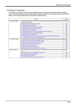 8Collection of Techniques
8-420
8 Collection of Techniques
This chapter is intended to provide various sample programs for entry-level to advanced robot program-
ming. This chapter mainly consists of three sections: Entry-Level Edition, Intermediate Edition, and Advance
Edition. Each of these three sections describes the following items:
Item Page
<Entry-Level Edition> This edition is intended for the novices of robot programming, and contains general information necessary
to write robot programs.
8.1.1Describing comprehensive programs 421
8.1.2Managing program versions 427
8.1.3Changing the operating speed in a program 427
8.1.4Detecting fallen works while transporting 428
8.1.5Positioning works accurately 429
8.1.6Awaiting signal ON/OFF during the specified number of seconds 430
8.1.7Interlocking by using external input signals 432
8.1.8Sharing data among programs 434
8.1.9Checking whether the current position and the commanded position are the same 435
8.1.10Shortening the cycle time (entry-level edition) 436
<Intermediate Edition> This edition contains frequently used techniques and the specific information required for programming.
8.2.1How to quickly support for the addition of types 438
8.2.2Convenient ways to use the pallet instruction 439
8.2.3How to write communication programs 440
8.2.4How to reduce teaching points 443
8.2.5Using a P variable in a counter, etc. 445
8.2.6Getting position information when the sensor is on 446
<Advance Edition> This edition contains the information that is not used frequently, but is very helpful in advanced program-
ming.
8.3.1Using the robot as a simplified PLC (sequencer) 448
8.3.2Implementing a mapping function 451
8.3.3Finding out executed lines 453
8.3.4Saving the status when an error has occurred 454
 