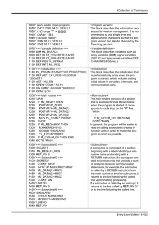 8Collection of Techniques
Entry-Level Edition 8-422
1000 ' Work loader (main program)
1010 ' DATE:2002.04.01 VER 1.1
1020 ' (1)Change *** -> @@@
1030 ' (2)Add $$$
1040 '[Revision history]
1050 ' 2002.03.01 VER 1.0
1060 ' 2002.02.01 VER 0.7
<Program version>
This block describes the information nec-
essary for version management. It is rec-
ommended to use single-byte and
alphanumeric characters so that the pro-
gram version can also be checked by the
Teaching pendant.
1070 ’=== Variable definition ===
1080 DIM ML_DATA(3)
1090 DEF IO X1_REQ=BYTE,8,&H0F
1100 DEF IO Y1_ERR=BYTE,8,&H0F
1110 DEF POS PL_PFRAM
1120 DEF INTE ML_REQ
<Variable definition>
This block describes variables such as
array variables (DIM), signal variables
(DEF IO) and special-use variables (DEF
CHAR/INTE/POS/etc.).
1130 '=== Initialization ===
1140 PL_PFRAM=FRAM(PT001,PT002,PT003)
1150 DEF ACT 1,X1_REQ<>0,GOSUB
*S50ACT1
1160 ACT 1=M_ON
1170 OPEN "COM1:" AS #1
1180 ON COM(1) GOSUB *S60RECV
1190 COM(1) ON
<Initialization>
This block describes the initialization that
is performed only once when the pro-
gram is started, which includes setting
initial values in variables, interrupts, and
communication ports.
1200 '=== Main routine ===
1210 *MAIN
1220 IF ML_REQ=1 THEN
1230 P00TMP=P_ZERO
1240 P00TMP.X=ML_DATA(1)
1250 P00TMP.Y=ML_DATA(2)
1260 P00TMP.Z=ML_DATA(3)
1270 MOV PL_FRAM * P00TMP
1280 ENDIF
1290 IF ML_REQ=&H0F THEN
1300 MX99ERNO=9100
1310 GOSUB *S99ALARM
1320 YL_ERR=MY99RET
1330 IF M_CYS=M_ON THEN END
1340 GOTO *MAIN
<Main routine>
The main routine consists of a section
that is executed first as shown below
when the program is started. It corre-
sponds to cycle stop on the "IF" line.
*MAIN
:
IF M_CYS=M_ON THEN END
GOTO *MAIN
In general, the program will be easier to
read by calling subroutines created in
function units in order to make the pro-
gram as short as possible.
1350 '=== Subroutine50 ===
1360 *S50ACT1
1370 ML_REQ=X1_REQ
1380 RETURN 0
1390 '=== Subroutine60 ===
1400 *S60RECV
1410 COM(1) STOP
1420 INPUT #1,M60X,M60Y,M60Z
1430 ML_DATA(1)=M60X
1440 ML_DATA(2)=M60Y
1450 ML_DATA(3)=M60Z
1460 COM(1) ON
1470 *L60END
1480 RETURN 0
1490 '=== Subroutine99 ===
1500 *S99ALARM
1510 ERROR MX99ERNO
1520 MY99RET=MX99ERNO
1530 *L99END
1540 RETURN
<Subroutines>
A subroutine is composed of a section
beginning with a label indicating a sub-
routine name and ending with a
RETURN instruction; it is a program cre-
ated in function units that unloads a work
or analyzes received communication
statements, for example.If a subroutine
is called by a GOSUB instruction from
the main routine or another subroutine, it
returns to the line following the called
line upon finishing processing.
If a subroutine is called by an interrupt, it
returns to the line called by RETURN 0/1
or to the line following the called line.
 