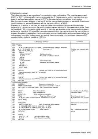 8Collection of Techniques
Intermediate Edition 8-442
(2) Multi-tasking method
The following programs are examples of communication using multi-tasking. After receiving a command
("GET" or "PUT" in this example) from communication line 1, these programs perform corresponding pro-
cessing, and send a completion command ("FIN" in this example) upon completion of processing.
First, the main program is started in task slot 1, and the communication program in task slot 2. The commu-
nication program in task slot 2 is started with the startup condition = ALWAYS.
Checking as to whether or not there is a reception by the communication program and transmission
requests from the main program to the communication program are done by using external variables. Exter-
nal variable M_100(10) is used to check whether or not there is a reception by the communication program,
and external variable M_05 is used for transmission requests from the main program to the communication
program. Considering cases when the communication program would receive a command again before the
main program completes post-reception processing, the communication program uses a maximum of 10
reception buffers (external variable M_100(10)).
Multi-tasking method Comment
<Main program>
1000
1010
1020
1030
1040
1050
1060
1070
1080
1090
1100
1110
1120
1130
1140
1150
1160
1170
1180
1190
1200
1210
*MAIN
IF M_01 = M_02 THEN GOTO *MAIN 'If a queue is empty, nothing is performed.
M_01 = (M_01 MOD 10) + 1 'Read index + 1
SELECT M_100(M_01)
CASE 1
GOSUB *S51GET 'Call a work routine.
M_05=1 'Request to send the end of work.
BREAK
CASE 2
GOSUB *S52PUT 'Call a work routine.
M_05=1 'Request to send the end of work.
BREAK
END SELECT
GOTO *MAIN
'
*S51GET 'Perform work based on the command received.
' Describe processing when "GET" is received.
RETURN
'
*S52PUT 'Perform work based on the command received.
' Describe processing when "PUT" is received.
RETURN
Read the read index after add-
ing 1 to it.
<Communication program>
1000
1010
1020
1030
CLOSE #1 'Close communication line 1.
OPEN "COM1:" AS #1 'Open communication line 1 with #1.
ON COM(1) GOSUB *S98COMRC 'Set a communication interrupt.
'
1040
1050
1060
M_01=1 'Clear the read index
M_02=1 'Clear the write index
COM(1) ON 'Set to wait for communication.
An index for using M_100() as
a reception queue.
1070
1080
1090
1100
*MAIN 'Beginning of the main loop
IF M_05=1 THEN GOSUB *S99FIN 'Wait for a send request
GOTO *MAIN
'
Check the send request
(M_05) from the main program.
1110
1120
1130
1140
*S98COMRC '
INPUT #1,C98CMD$ 'Input the character string received.
IF C98CMD$="GET" THEN M_100(M_02)=1 ' IF "GET"
IF C98CMD$="PUT" THEN M_100(M_02)=2 ' IF "PUT"
Subroutine for communication
interrupts
1150
1160
1170
M_02=(M_02 MOD 10) + 1 'Write index + 1
RETURN 1
'
Add 1 to the write index after
writing.
1180
1190
1200
1210
*S99FIN
PRINT #1,"FIN" 'Send a completion report.
M_05=0 'Clear the work request flag.
RETURN
 