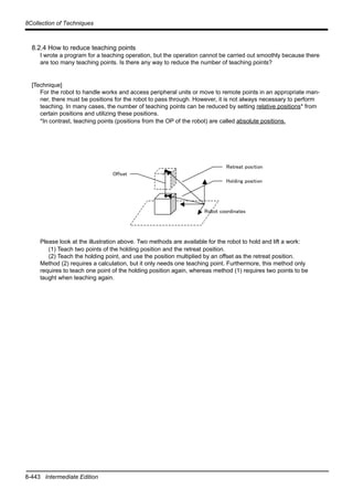 8-443 Intermediate Edition
8Collection of Techniques
8.2.4 How to reduce teaching points
I wrote a program for a teaching operation, but the operation cannot be carried out smoothly because there
are too many teaching points. Is there any way to reduce the number of teaching points?
[Technique]
For the robot to handle works and access peripheral units or move to remote points in an appropriate man-
ner, there must be positions for the robot to pass through. However, it is not always necessary to perform
teaching. In many cases, the number of teaching points can be reduced by setting relative positions* from
certain positions and utilizing these positions.
*In contrast, teaching points (positions from the OP of the robot) are called absolute positions.
Please look at the illustration above. Two methods are available for the robot to hold and lift a work:
(1) Teach two points of the holding position and the retreat position.
(2) Teach the holding point, and use the position multiplied by an offset as the retreat position.
Method (2) requires a calculation, but it only needs one teaching point. Furthermore, this method only
requires to teach one point of the holding position again, whereas method (1) requires two points to be
taught when teaching again.
Robot coordinates
Offset
Retreat position
Holding position
 