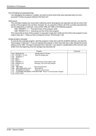 8-453 Advance Edition
8Collection of Techniques
8.3.3 Finding out executed lines
I am debugging the programs I created, and want to know which lines were executed when an error
occurred? Is there any good method to find that out?
[Technique]
This controller employs the round-robin method by which all programs are executed one line at a time if the
priority of the programs has not been changed. So, by using this method, all of the currently executed lines
can be obtained by a multi-task. Look at lines 1050 and 1060 in the following program.
1050 PRIORITY 1, 1 ' Execute 6 lines of this program while
1060 PRIORITY 6, 2 ' executing one line of the main program.
This means that six lines of this program is executed in task slot 2 while one line of the main program is exe-
cuted in task slot 1. These six lines correspond to lines 1070 through 1120.
[Implementation example]
To execute this example program, start this program in task slot 2 with the ALWAYS attribute, and start the
main program in task slot 1. If you are starting this program in other than task slot 2, also change the priority
setting on line 1060. The logs of executed line in task slot 1 are stored in variable MLN (100), and are over-
written from the beginning once the storage area becomes full.
Program Comment
1000 DIM MLN(100) 'Storage area for 100 lines
1010 FOR M01=1 TO 100 'Clear the storage area.
1020 MLN(M01)=-1
1030 NEXT
1040 MIDX=1
1050 PRIORITY 1,1 'Execute 6 lines of this program while
1060 PRIORITY 6,2 'executing 1 line of the main program.
1070 *LOOP
1080 MBF=MIDX 'Save the previous ID.
1090 MIDX=(MIDX MOD 100)+1 'Ring buffer ID
1100 MLN(MIDX)=M_LINE(1) 'Save the current line No.
1110 IF MLN(MBF)=MLN(MIDX) THEN MIDX=MBF 'Return if no line has been changed.
1120 GOTO *LOOP
 