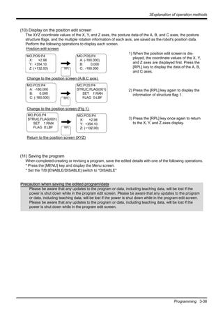 3Explanation of operation methods
Programming 3-36
(10) Display on the position edit screen
The XYZ coordinate values of the X, Y, and Z axes, the posture data of the A, B, and C axes, the posture
structure flags, and the multiple rotation information of each axis, are saved as the robot's position data.
Perform the following operations to display each screen.
1) When the position edit screen is dis-
played, the coordinate values of the X, Y,
and Z axes are displayed first. Press the
[RPL] key to display the data of the A, B,
and C axes.
2) Press the [RPL] key again to display the
information of structure flag 1.
3) Press the [RPL] key once again to return
to the X, Y, and Z axes display.
(11) Saving the program
When completed creating or revising a program, save the edited details with one of the following operations.
* Press the [MENU] key and display the Menu screen.
* Set the T/B [ENABLE/DISABLE] switch to "DISABLE"
Position edit screen
MO.POS:P4
X: +2.98
Y: +354.10
Z: (+132.00)
MO.POS:P4
A: (-180.000)
B: 0.000
C: -180.000
Change to the position screen (A,B,C axis)
MO.POS:P4
A: -180.000
B: 0.000
C: (-180.000)
MO.POS:P4
STRUC.FLAG(001)
SET 1:RAN
FLAG 0:LBF
RPL
MO.POS:P4
STRUC.FLAG(001)
SET 1:RAN
FLAG 0:LBF
Return to the position screen (XYZ)
Change to the position screen (Flg 1)
RPL
RPL
MO.POS:P4
X: +2.98
Y: +354.10
Z: (+132.00)
Precaution when saving the edited program/data
Please be aware that any updates to the program or data, including teaching data, will be lost if the
power is shut down while in the program edit screen. Please be aware that any updates to the program
or data, including teaching data, will be lost if the power is shut down while in the program edit screen.
Please be aware that any updates to the program or data, including teaching data, will be lost if the
power is shut down while in the program edit screen.
 