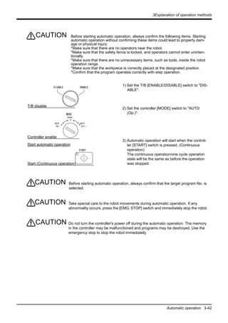 3Explanation of operation methods
Automatic operation 3-42
Before starting automatic operation, always confirm the following items. Starting
automatic operation without confirming these items could lead to property dam-
age or physical injury.
*Make sure that there are no operators near the robot.
*Make sure that the safety fence is locked, and operators cannot enter uninten-
tionally.
*Make sure that there are no unnecessary items, such as tools, inside the robot
operation range.
*Make sure that the workpiece is correctly placed at the designated position.
*Confirm that the program operates correctly with step operation.
1) Set the T/B [ENABLE/DISABLE] switch to "DIS-
ABLE".
2) Set the controller [MODE] switch to "AUTO
(Op.)".
3) Automatic operation will start when the control-
ler [START] switch is pressed. (Continuous
operation)
The continuous operation/one cycle operation
state will be the same as before the operation
was stopped.
Before starting automatic operation, always confirm that the target program No. is
selected.
Take special care to the robot movements during automatic operation. If any
abnormality occurs, press the [EMG. STOP] switch and immediately stop the robot.
Do not turn the controller's power off during the automatic operation. The memory
in the controller may be malfunctioned and programs may be destroyed. Use the
emergency stop to stop the robot immediately.
CAUTION
START
DISABLE ENABLE
Start (Continuous operation)
TEACH
AUTO
(Ext.)
AUTO
(Op.)
MODE
T/B disable
Controller enable
Start automatic operation
CAUTION
CAUTION
CAUTION
 