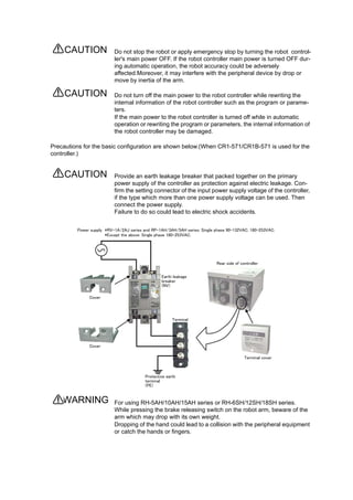 Do not stop the robot or apply emergency stop by turning the robot control-
ler's main power OFF. If the robot controller main power is turned OFF dur-
ing automatic operation, the robot accuracy could be adversely
affected.Moreover, it may interfere with the peripheral device by drop or
move by inertia of the arm.
Do not turn off the main power to the robot controller while rewriting the
internal information of the robot controller such as the program or parame-
ters.
If the main power to the robot controller is turned off while in automatic
operation or rewriting the program or parameters, the internal information of
the robot controller may be damaged.
Precautions for the basic configuration are shown below.(When CR1-571/CR1B-571 is used for the
controller.)
Provide an earth leakage breaker that packed together on the primary
power supply of the controller as protection against electric leakage. Con-
firm the setting connector of the input power supply voltage of the controller,
if the type which more than one power supply voltage can be used. Then
connect the power supply.
Failure to do so could lead to electric shock accidents.
For using RH-5AH/10AH/15AH series or RH-6SH/12SH/18SH series.
While pressing the brake releasing switch on the robot arm, beware of the
arm which may drop with its own weight.
Dropping of the hand could lead to a collision with the peripheral equipment
or catch the hands or fingers.
CAUTION
CAUTION
CAUTION
Cover
Terminal cover
Rear side of controller
Earth leakage
breaker
(NV)
Protective earth
terminal
(PE)
Cover
Terminal
Power supply *RV-1A/2AJ series and RP-1AH/3AH/5AH series: Single phase 90-132VAC, 180-253VAC.
*Except the above: Single phase 180-253VAC.
WARNING
 