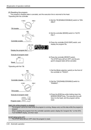 3-43 Automatic operation
3Explanation of operation methods
(6) Resetting the program
The program's stopped state is canceled, and the execution line is returned to the head.
*Operating with the controller
1) Set the T/B [ENABLE/DISABLE] switch to "DIS-
ABLE".
2) Set the controller [MODE] switch to "AUTO
(Op.)".
3) Press the controller [CHG DISP] switch, and
display the program No.
4) Press the controller [RESET] switch.
The STOP lamp will turn OFF, and the pro-
gram's stopped state will be canceled.
*Operating with the T/B
1) Set the [Mode selection switch] on the front of
the controller to "TEACH".
2) Set the T/B [ENABLE/DISABLE] switch to
"ENABLE".
3) Press the [EXE] key while holding down the
[ERROR RESET] key. The execution line will
return to the head, and the program will be
reset.
DISABLE ENABLE
RESET
CHNG DISP
Reset
TEACH
AUTO
(Ext.)
AUTO
(Op.)
MODE
T/B disable
Controller enable
Execute of program reset
Display the program No.
STATUS NUMBER
TEACH
AUTO
(Ext.)
AUTO
(Op.)
MODE
DISABLE ENABLE
Program reset
+
INP
EXE
ERROR
RESET
Execute of program reset
T/B enable
Controller disable
Valid only while program is stopped
The program cannot be reset while the program is running. Always carry out this step while the program is
stopped.
When resetting the program from the controller operation panel, display the "program No." on the STA-
TUS NUMBER display, and then reset.
STOP lamp turns OFF
The STOP lamp will turn OFF when the program is reset.
 