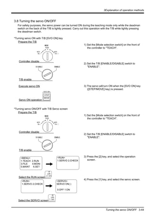 3Explanation of operation methods
Turning the servo ON/OFF 3-44
3.8 Turning the servo ON/OFF
For safety purposes, the servo power can be turned ON during the teaching mode only while the deadman
switch on the back of the T/B is lightly pressed. Carry out this operation with the T/B while lightly pressing
the deadman switch.
*Turning servo ON with T/B [SVO ON] key
1) Set the [Mode selection switch] on the front of
the controller to "TEACH".
2) Set the T/B [ENABLE/DISABLE] switch to
"ENABLE".
3) The servo will turn ON when the [SVO ON] key
([STEP/MOVE] key) is pressed.
*Turning servo ON/OFF with T/B Servo screen
1) Set the [Mode selection switch] on the front of
the controller to "TEACH".
2) Set the T/B [ENABLE/DISABLE] switch to
"ENABLE".
3) Press the [2] key, and select the operation
screen.
4) Press the [1] key, and select the servo screen.
TEACH
AUTO
(Ext.)
AUTO
(Op.)
MODE
DISABLE ENABLE
Execute servo ON
T/B enable
Controller disable
Prepare the T/B
Servo ON operation
STEP
MOVE
SVO ON
TEACH
AUTO
(Ext.)
AUTO
(Op.)
MODE
DISABLE ENABLE
T/B enable
Controller disable
Prepare the T/B
<MENU>
1.TEACH 2.RUN
3.FILE 4.MONI
5.MAINT 6.SET
<RUN>
1.SERVO 2.CHECK
-A
(J4)
2 GHI
Select the RUN screen
<RUN>
1.SERVO 2.CHECK
<SERVO>
SERVO ON( )
0:OFF 1:ON
Select the SERVO screen
-B
(J5)
1 DEF
 
