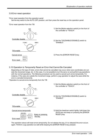 3Explanation of operation methods
Error reset operation 3-46
3.9 Error reset operation
*Error reset operation from the operation panel
Set the key switch to the AUTO (OP) position, and then press the reset key on the operation panel.
*Error reset operation from the T/B
1) Set the [Mode selection switch] on the front of
the controller to "TEACH".
2) Set the T/B [ENABLE/DISABLE] switch to
"ENABLE".
3) Press the [ERROR RESET] key.
3.10 Operation to Temporarily Reset an Error that Cannot Be Canceled
Depending on the type of robot, errors that cannot be cancelled may occur when axis coordinates are out-
side the movement range, etc. In this case, it is not possible to turn the servo on and perform jog operations
with the normal operations. The following procedure can be used to cancel such errors temporarily. For
instance, if the axes are outside the movement range, perform a jog operation to adjust the axes while the
error is canceled temporarily.
*Operation to cancel errors temporarily from the T/B
1) Set the [Mode selection switch] on the front of
the controller to "TEACH".
2) Set the T/B [ENABLE/DISABLE] switch to
"ENABLE".
3) Hold the deadman switch lightly, hold down the
[SVO] key and keep on pressing the [ERROR
RESET] key.
The operation above will reset errors temporarily. Do not release the key; if it is released the error occurs
again. Perform a jog operation as well while keeping the [ERROR RESET] key pressed.
TEACH
AUTO
(Ext.)
AUTO
(Op.)
MODE
DISABLE ENABLE
Cancel errors
T/B enable
Controller disable
Error reset
ERROR
RESET
STEP
MOVE
SVO ON
TEACH
AUTO
(Ext.)
AUTO
(Op.)
MODE
DISABLE ENABLE
Cancel errors temporarily
T/B enable
Controller disable
Error reset
Keep on pressing
the key.+ ERROR
RESET
 