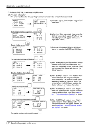 3-47 Operating the program control screen
3Explanation of operation methods
3.11 Operating the program control screen
(1) Program list display
This functions allows the status of the programs registered in the controller to be confirmed.
1) Press the [3] key, and select the program con-
trol screen.
2) When the [1] key is pressed, the program list
(date of creation) will appear. The No. of reg-
istered programs will appear at the upper
right of the screen.
3) The other registered programs can be dis-
played by pressing the [ADD] and [RPL] keys.
4) If the [HAND] key is pressed when the date of
creation is displayed, the time that the pro-
gram was created will appear. When the [DEL]
key is pressed, the display will return to the
date of creation.
5) If the [HAND] is pressed when the time of cre-
ation is displayed, the program size (unit:
byte) will appear. The currently usable mem-
ory size will appear at the upper right of the
screen. When the [DEL] key is pressed, the
display will return to the date of creation.
6) If the [HAND] key is pressed when the pro-
gram size is displayed, the program protection
state will appear. Refer to the section Page
48, "* Program protection function" for details.
7) If the [HAND] key is pressed when the pro-
gram protection state is displayed, the vari-
able protection state will appear. Refer to the
section Page 48, "* Position variable protec-
tion function" for details.
<MENU>
1.TEACH 2.RUN
3.FILE 4.MONI
5.MAINT 6.SET
<FILE>
1.DIR 2.COPY
3.RENAME 4.DELETE
-Z
(J3)
3 JKL
Select a program management screen
<DIR> 7
1 99-10-10
2 99-11-29
5 99-12-08
Select the list screen
-B
(J5)
1 DEF
Display other registered programs
<FILE>
1.DIR 2.COPY
3.RENAME 4.DELETE
<DIR> 7
1 99-10-10
2 99-11-29
5 99-12-08
<DIR> 7
10 99-12-10
13 99-08-29
17 99-09-10
ADD RPL
HAND
®
<DIR> 7
10 99-12-10
13 99-08-29
17 99-09-10
<DIR> 7
10 03:58:02
13 23:05:32
17 15:48:39
Display the time of creation
<DIR> 7
10 03:58:02
13 23:05:32
17 15:48:39
<DIR> 25639
10 348
13 1978
17 3873
HAND
Display the program size
<DIR> 7
10 348
13 1978
17 3873
<DIR> PROTECT
10 OFF(0)
13 ON(1)
0:OFF 1:ON
HAND
Display the program protection state
<DIR> PROTECT
10 OFF(0)
13 ON(1)
0:OFF 1:ON
<DIR>POS.PROTECT
10 ON(1)
13 ON(1)
0:OFF 1:ON
HAND
Display the position data protection state
 