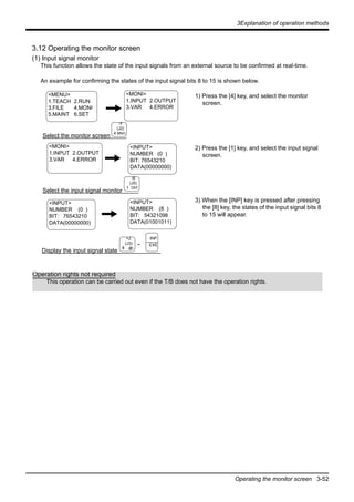 3Explanation of operation methods
Operating the monitor screen 3-52
3.12 Operating the monitor screen
(1) Input signal monitor
This function allows the state of the input signals from an external source to be confirmed at real-time.
An example for confirming the states of the input signal bits 8 to 15 is shown below.
1) Press the [4] key, and select the monitor
screen.
2) Press the [1] key, and select the input signal
screen.
3) When the [INP] key is pressed after pressing
the [8] key, the states of the input signal bits 8
to 15 will appear.
<MENU>
1.TEACH 2.RUN
3.FILE 4.MONI
5.MAINT 6.SET
<MONI>
1.INPUT 2.OUTPUT
3.VAR 4.ERROR
Select the monitor screen
<INPUT>
NUMBER (0 )
BIT: 76543210
DATA(00000000)
Select the input signal monitor
<MONI>
1.INPUT 2.OUTPUT
3.VAR 4.ERROR
-Y
(J2)
4 MNO
INP
EXE
-B
(J5)
1 DEF
<INPUT>
NUMBER (0 )
BIT: 76543210
DATA(00000000)
<INPUT>
NUMBER (8 )
BIT: 54321098
DATA(01001011)
Display the input signal state
+Z
(J3)
8 ,@
-
Operation rights not required
This operation can be carried out even if the T/B does not have the operation rights.
 