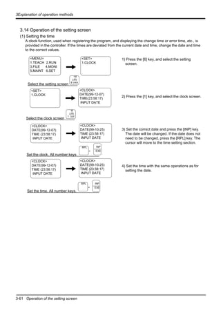 3-61 Operation of the setting screen
3Explanation of operation methods
3.14 Operation of the setting screen
(1) Setting the time
A clock function, used when registering the program, and displaying the change time or error time, etc., is
provided in the controller. If the times are deviated from the current date and time, change the date and time
to the correct values.
1) Press the [6] key, and select the setting
screen.
2) Press the [1] key, and select the clock screen.
3) Set the correct date and press the [INP] key.
The date will be changed. If the date does not
need to be changed, press the [RPL] key. The
cursor will move to the time setting section.
4) Set the time with the same operations as for
setting the date.
<MENU>
1.TEACH 2.RUN
3.FILE 4.MONI
5.MAINT 6.SET
<SET>
1.CLOCK
Select the setting screen
+B
(J5)
6 VWX
Select the clock screen
<SET>
1.CLOCK
<CLOCK>
DATE(99-12-07)
TIME(23:58:17)
INPUT DATE
-B
(J5)
1 DEF
Set the clock. All number keys
<CLOCK>
DATE(99-12-07)
TIME (23:58:17)
INPUT DATE
<CLOCK>
DATE(99-10-25)
TIME (23:58:17)
INPUT DATE
<CLOCK>
DATE(99-12-07)
TIME (23:58:17)
INPUT DATE
<CLOCK>
DATE(99-10-25)
TIME (23:58:17)
INPUT DATE
RPL INP
EXE
Set the time. All number keys.
RPL INP
EXE
-
-
 