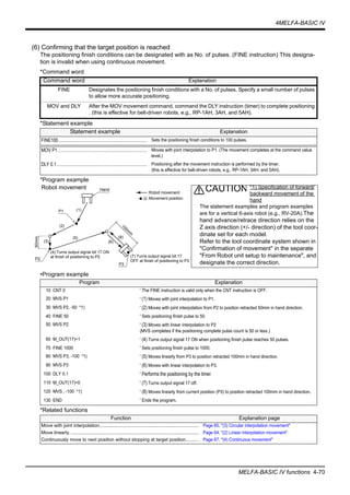 4MELFA-BASIC IV
MELFA-BASIC IV functions 4-70
(6) Confirming that the target position is reached
The positioning finish conditions can be designated with as No. of pulses. (FINE instruction) This designa-
tion is invalid when using continuous movement.
*Command word
*Statement example
*Program example
•Program example
*Related functions
Command word Explanation
FINE Designates the positioning finish conditions with a No. of pulses. Specify a small number of pulses
to allow more accurate positioning.
MOV and DLY After the MOV movement command, command the DLY instruction (timer) to complete positioning
. (this is effective for belt-driven robots, e.g., RP-1AH, 3AH, and 5AH).
Statement example Explanation
FINE100........................................................................... Sets the positioning finish conditions to 100 pulses.
MOV P1............................................................................ Moves with joint interpolation to P1. (The movement completes at the command value
level.)
DLY 0.1............................................................................. Positioning after the movement instruction is performed by the timer.
(this is effective for belt-driven robots, e.g., RP-1AH, 3AH, and 5AH).
Program Explanation
10 CNT 0 ' The FINE instruction is valid only when the CNT instruction is OFF.
20 MVS P1 ' (1) Moves with joint interpolation to P1.
30 MVS P2, -50 *1) ' (2) Moves with joint interpolation from P2 to position retracted 50mm in hand direction.
40 FINE 50 ' Sets positioning finish pulse to 50.
50 MVS P2 ' (3) Moves with linear interpolation to P2
(MVS completes if the positioning complete pulse count is 50 or less.)
60 M_OUT(17)=1 ' (4) Turns output signal 17 ON when positioning finish pulse reaches 50 pulses.
70 FINE 1000 ' Sets positioning finish pulse to 1000.
80 MVS P3, -100 *1) ' (5) Moves linearly from P3 to position retracted 100mm in hand direction.
90 MVS P3 ' (6) Moves with linear interpolation to P3.
100 DLY 0.1 ' Performs the positioning by the timer.
110 M_OUT(17)=0 ' (7) Turns output signal 17 off.
120 MVS , -100 *1) ' (8) Moves linearly from current position (P3) to position retracted 100mm in hand direction.
130 END ' Ends the program.
Function Explanation page
Move with joint interpolation............................................................................ Page 65, "(3) Circular interpolation movement"
Move linearly................................................................................................... Page 64, "(2) Linear interpolation movement"
Continuously move to next position without stopping at target position.......... Page 67, "(4) Continuous movement"
(1)
(2)
(5)
P1
(3) (6)
(8)
50mm
100m
m
P2
Hand
:Movement position
:Robot movement
P3
(7) Turns output signal bit 17
OFF at finish of positioning to P3.
(4) Turns output signal bit 17 ON
at finish of positioning to P2.
*1) Specification of forward/
backward movement of the
hand
The statement examples and program examples
are for a vertical 6-axis robot (e.g., RV-20A).The
hand advance/retrace direction relies on the
Z axis direction (+/- direction) of the tool coor-
dinate set for each model.
Refer to the tool coordinate system shown in
"Confirmation of movement" in the separate
"From Robot unit setup to maintenance", and
designate the correct direction.
CAUTIONRobot movement
 