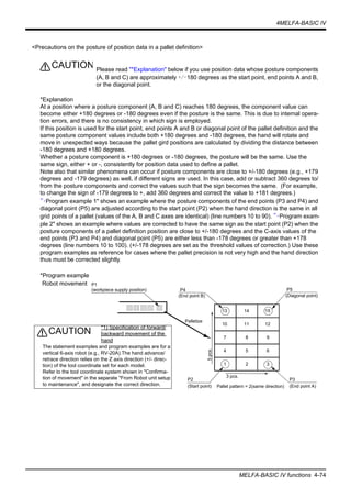 4MELFA-BASIC IV
MELFA-BASIC IV functions 4-74
<Precautions on the posture of position data in a pallet definition>
Please read "*Explanation" below if you use position data whose posture components
(A, B and C) are approximately +/-180 degrees as the start point, end points A and B,
or the diagonal point.
*Explanation
At a position where a posture component (A, B and C) reaches 180 degrees, the component value can
become either +180 degrees or -180 degrees even if the posture is the same. This is due to internal opera-
tion errors, and there is no consistency in which sign is employed.
If this position is used for the start point, end points A and B or diagonal point of the pallet definition and the
same posture component values include both +180 degrees and -180 degrees, the hand will rotate and
move in unexpected ways because the pallet gird positions are calculated by dividing the distance between
-180 degrees and +180 degrees.
Whether a posture component is +180 degrees or -180 degrees, the posture will be the same. Use the
same sign, either + or -, consistently for position data used to define a pallet.
Note also that similar phenomena can occur if posture components are close to +/-180 degrees (e.g., +179
degrees and -179 degrees) as well, if different signs are used. In this case, add or subtract 360 degrees to/
from the posture components and correct the values such that the sign becomes the same. (For example,
to change the sign of -179 degrees to +, add 360 degrees and correct the value to +181 degrees.)
"･Program example 1" shows an example where the posture components of the end points (P3 and P4) and
diagonal point (P5) are adjusted according to the start point (P2) when the hand direction is the same in all
grid points of a pallet (values of the A, B and C axes are identical) (line numbers 10 to 90). "･Program exam-
ple 2" shows an example where values are corrected to have the same sign as the start point (P2) when the
posture components of a pallet definition position are close to +/-180 degrees and the C-axis values of the
end points (P3 and P4) and diagonal point (P5) are either less than -178 degrees or greater than +178
degrees (line numbers 10 to 100). (+/-178 degrees are set as the threshold values of correction.) Use these
program examples as reference for cases where the pallet precision is not very high and the hand direction
thus must be corrected slightly.
*Program example
CAUTION
13
10
7
4
1
14
11
8
5
2
15
12
9
6
3
P1
(workpiece supply position)
Palletize
3 pcs.
5pcs.
P4
(End point B)
P2
(Start point)
P3
(End point A)
P5
(Diagonal point)
Pallet pattern = 2(same direction)
Robot movement
*1) Specification of forward/
backward movement of the
hand
The statement examples and program examples are for a
vertical 6-axis robot (e.g., RV-20A).The hand advance/
retrace direction relies on the Z axis direction (+/- direc-
tion) of the tool coordinate set for each model.
Refer to the tool coordinate system shown in "Confirma-
tion of movement" in the separate "From Robot unit setup
to maintenance", and designate the correct direction.
CAUTION
 