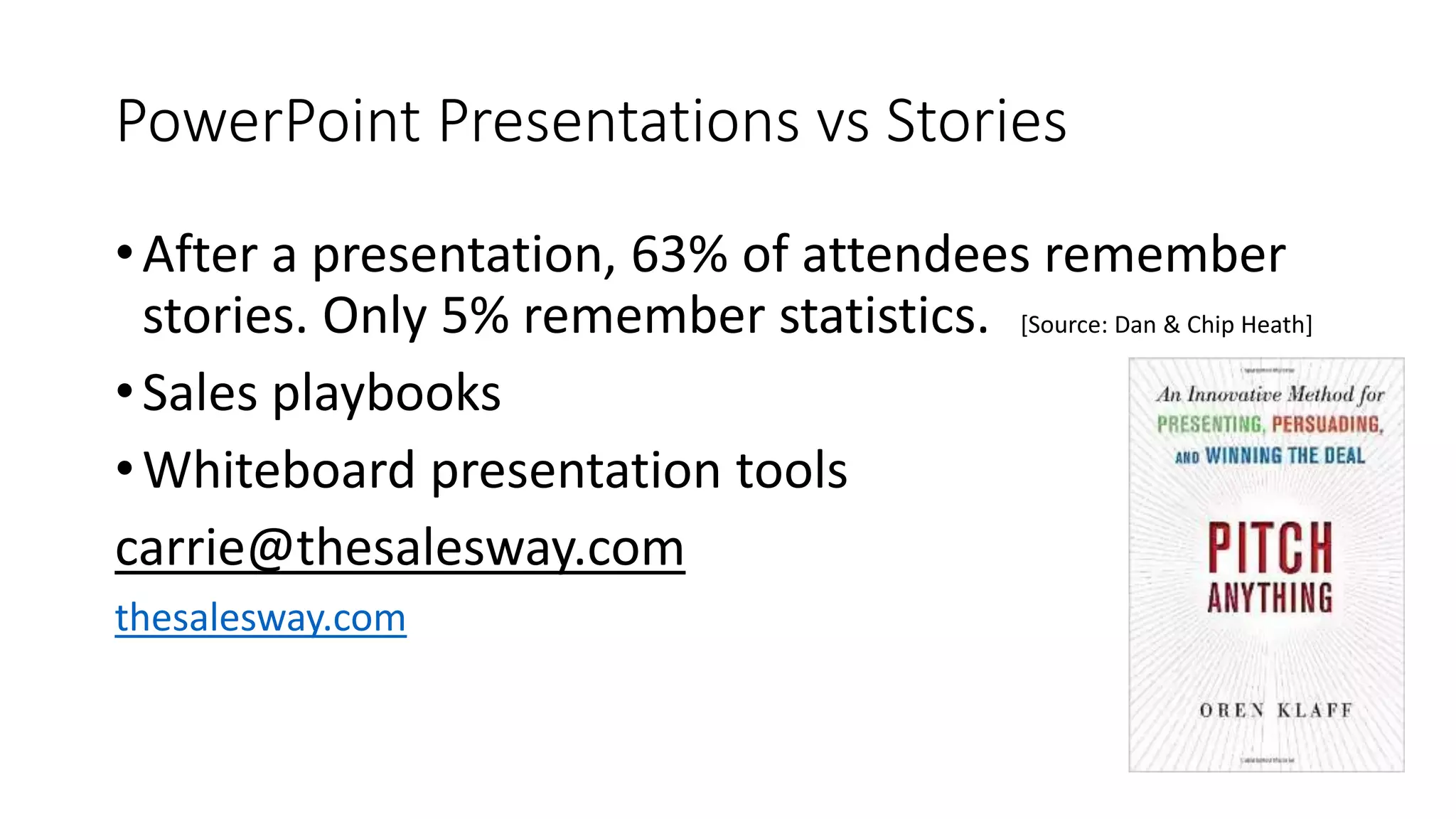 PowerPoint Presentations vs Stories
•After a presentation, 63% of attendees remember
stories. Only 5% remember statistics. [Source: Dan & Chip Heath]
•Sales playbooks
•Whiteboard presentation tools
carrie@thesalesway.com
thesalesway.com
 
