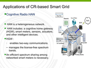 Applications of CR-based Smart Grid
Cognitive Radio HAN
 HAN is a heterogeneous network.
 HAN includes: a cognitive home gateway
(HGW), smart meters, sensors, actuators,
and other intelligent devices.
 HGW :
– enables two-way communications.
– manages the license-free spectrum
bands.
 An efficient spectrum sharing among
networked smart meters is necessary.
 