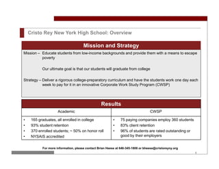 Cristo Rey New York High School: Overview

                                      Mission and Strategy
Mission – Educate students from low-income backgrounds and provide them with a means to escape
          poverty

           Our ultimate goal is that our students will graduate from college

Strategy – Deliver a rigorous college-preparatory curriculum and have the students work one day each
           week to pay for it in an innovative Corporate Work Study Program (CWSP)




                                                 Results
                     Academic                                                     CWSP

•    165 graduates, all enrolled in college              •    75 paying companies employ 360 students
•    93% student retention                               •    83% client retention
•    370 enrolled students; ~ 50% on honor roll          •    96% of students are rated outstanding or
•    NYSAIS accredited                                        good by their employers


           For more information, please contact Brian Heese at 646-345-1808 or bheese@cristoreyny.org
                                                                                                         1
 
