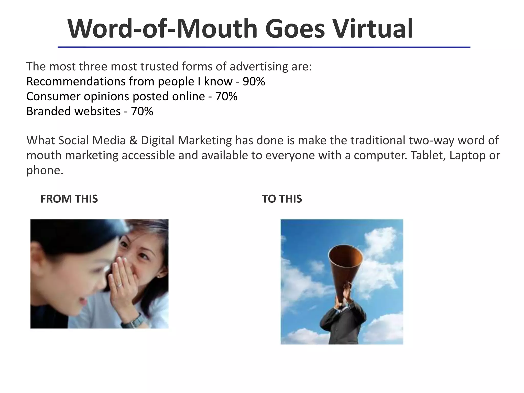 The most three most trusted forms of advertising are:
Recommendations from people I know - 90%
Consumer opinions posted online - 70%
Branded websites - 70%
What Social Media & Digital Marketing has done is make the traditional two-way word of
mouth marketing accessible and available to everyone with a computer. Tablet, Laptop or
phone.
FROM THIS TO THIS
Word-of-Mouth Goes Virtual
 