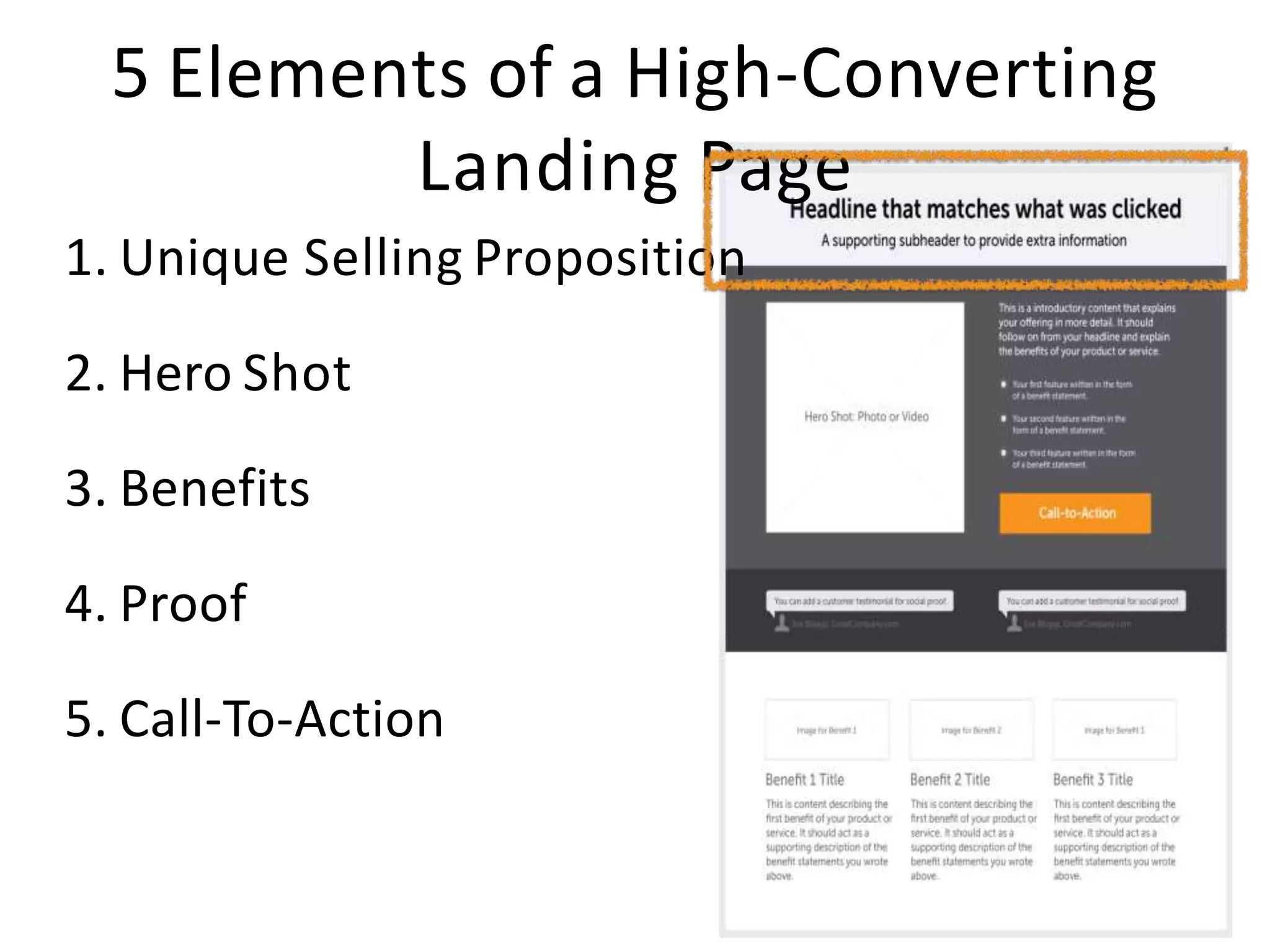 5 Elements of a High-Converting
Landing Page
1. Unique Selling Proposition
2. Hero Shot
3. Benefits
4. Proof
5. Call-To-Action
 