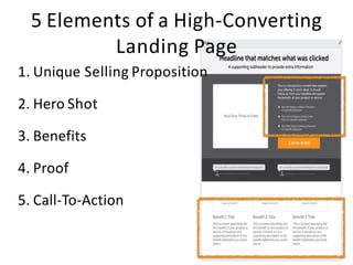 5 Elements of a High-Converting
Landing Page
1. Unique Selling Proposition
2. Hero Shot
3. Benefits
4. Proof
5. Call-To-Action
 