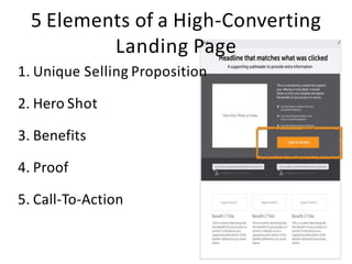 5 Elements of a High-Converting
Landing Page
1. Unique Selling Proposition
2. Hero Shot
3. Benefits
4. Proof
5. Call-To-Action
 