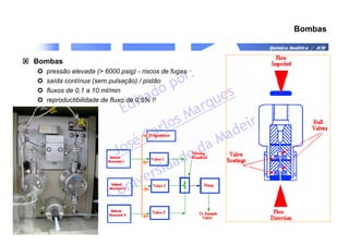 Química Analítica / JCM
Bombas
 Bombas
 pressão elevada ( 6000 psig) - riscos de fugas
 saída contínua (sem pulsação) / pistão
 fluxos de 0,1 a 10 ml/min
 reproductibilidade de fluxo de 0,5% !!
 